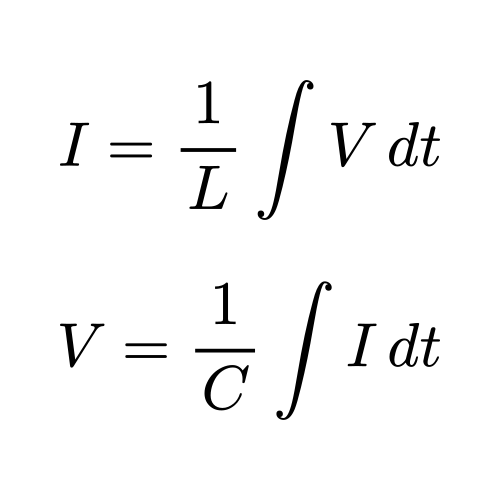 An image of the equations I = 1 / L integral V dt and V = 1/C integral I dt