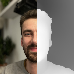 An image of my face, half is a normal colour photgraph and half is a depth map in black and white.