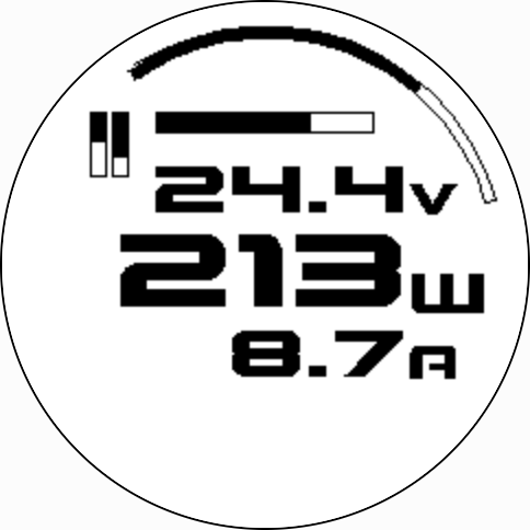 A 240x240 pixel (so low res) image of a slightly sci-fiesque looking circular display showing so linear and curved bars, 24.4 volts, in bigger font 213w and 8.7A.