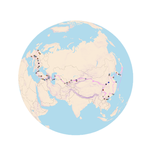 An image of a globe with a long pink line on it, snaking from Europe, through Turkey, central Asia, China, Korea, Japan and ending in Taiwan.