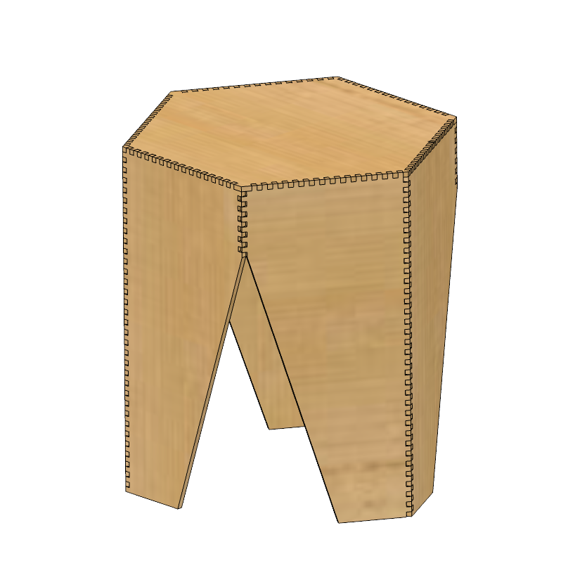 A cad model of a hexagonal prism stool assembled from sheets of plywood joined with lasercut finger joints.