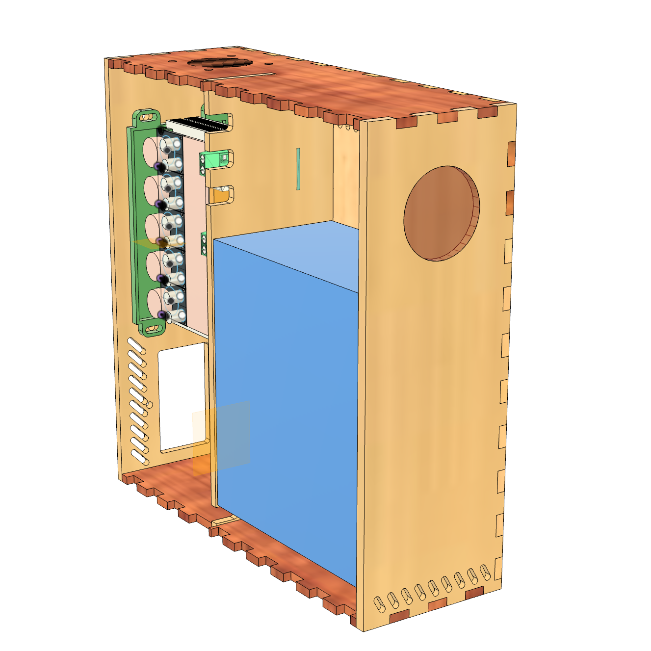A 3D model of the power supply in CAD software. It's a lasercut box roughly the dimensions of a book. The front panel has a circular opening for a screen. The side panel on the left is removed showing a 24v PSU and extra electronics mounted inside.