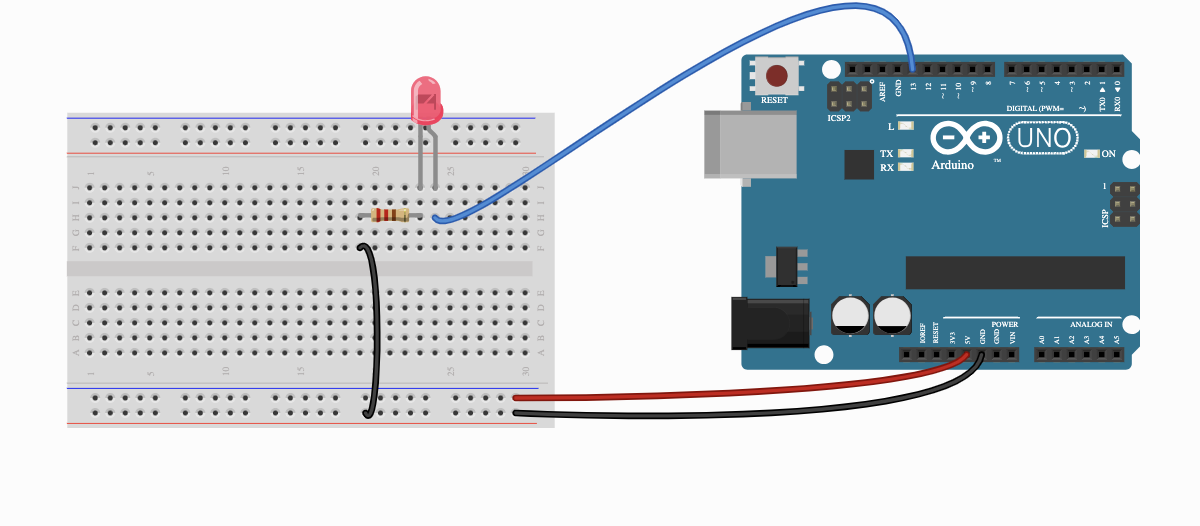 A rendered image of a breadboard with an LED and resistor wired up in series to an arduino.