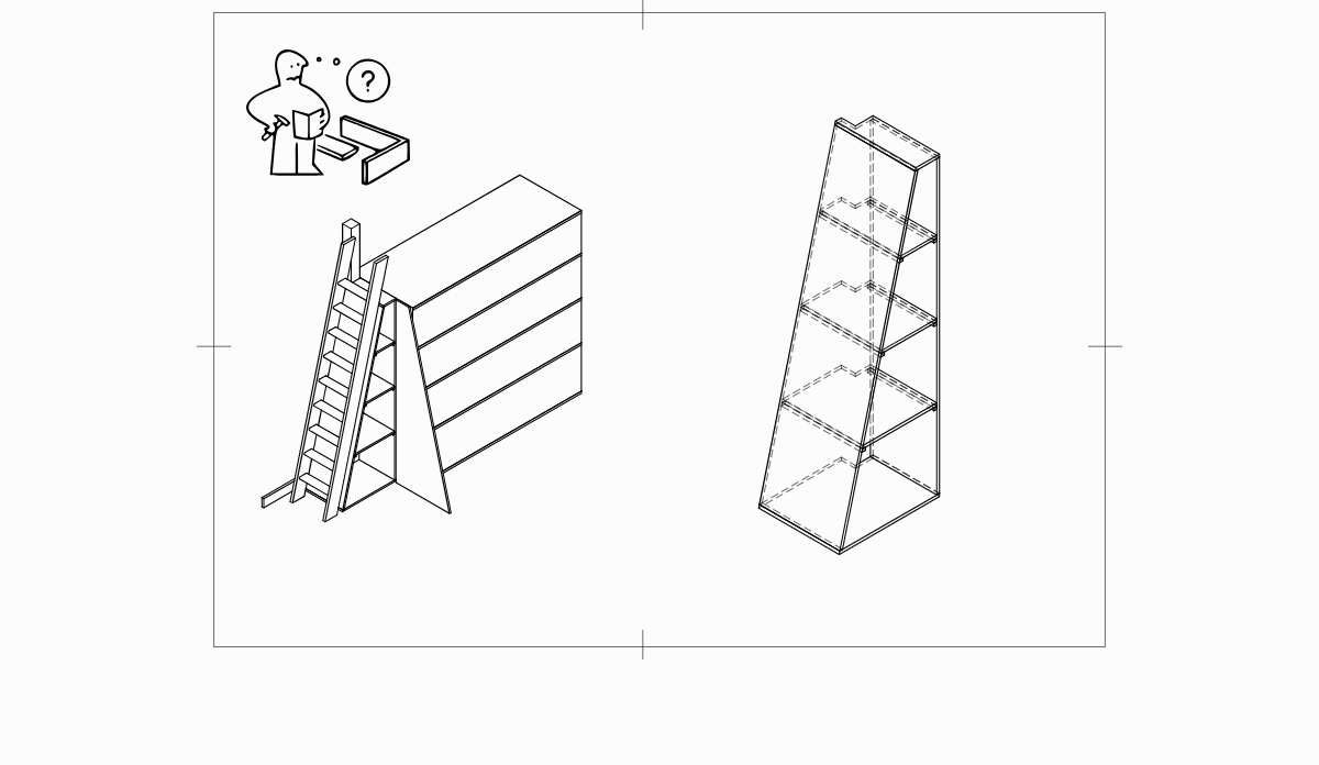 A 3D render of some shelves fitting into a triangular space under a ladder.